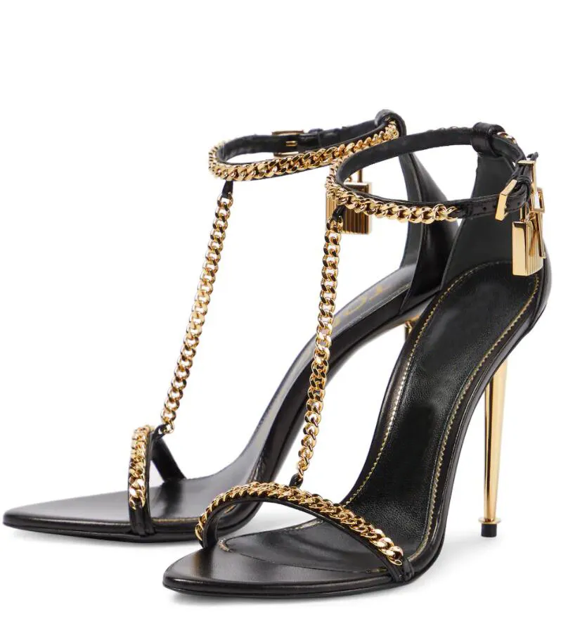 Summer Prefect Tomfo Gold Chain Link Sandals Shoes Padlock Pointy Naked Women Luxury Designer Lady High-heeled Party Wedding Gladiator Sandalias