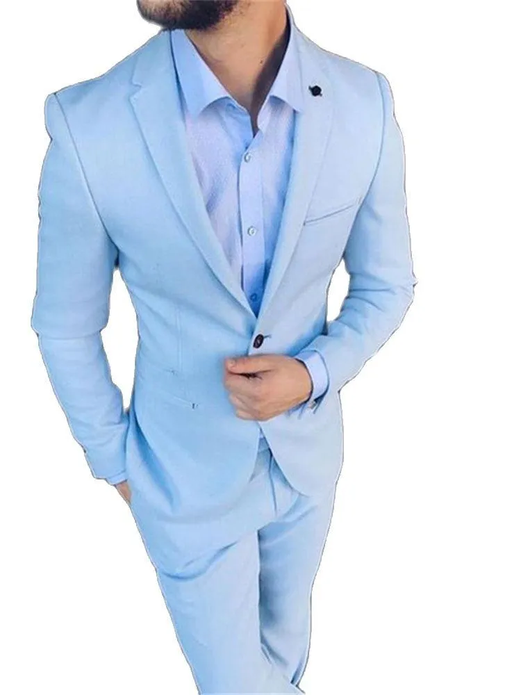남자 양복 블레이저 2023 패션 디자인 남자 노치 라이트 라이트 블루 코트 비즈니스 정장 웨딩 맨 의상 2pcs 재킷 바지 넥타이