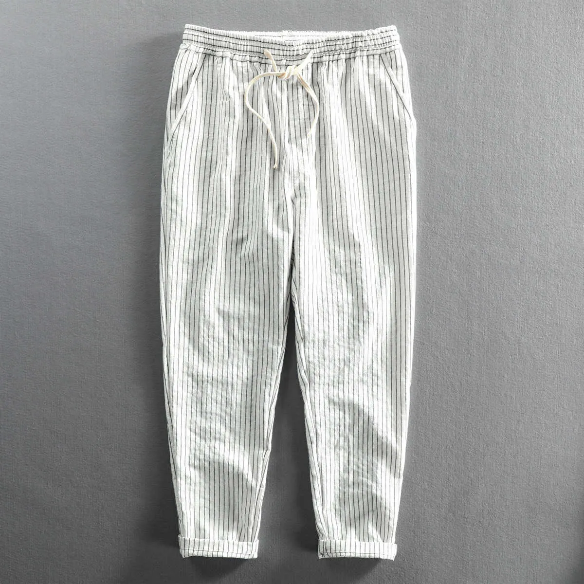 Herrbyxor 2022 Summer Thin Linen Casual Harem Pants Men Kläder fotledslängd koreansk stil randiga streetwear män byxor byxor svart z0225