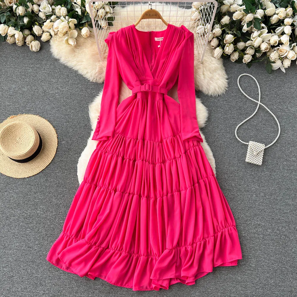 Nuovi abiti casual rossi Summer Solid Slim Lady Dress Abito A Line V Neck Chiffon Pullover Mid-Calf High Women Domande 2023