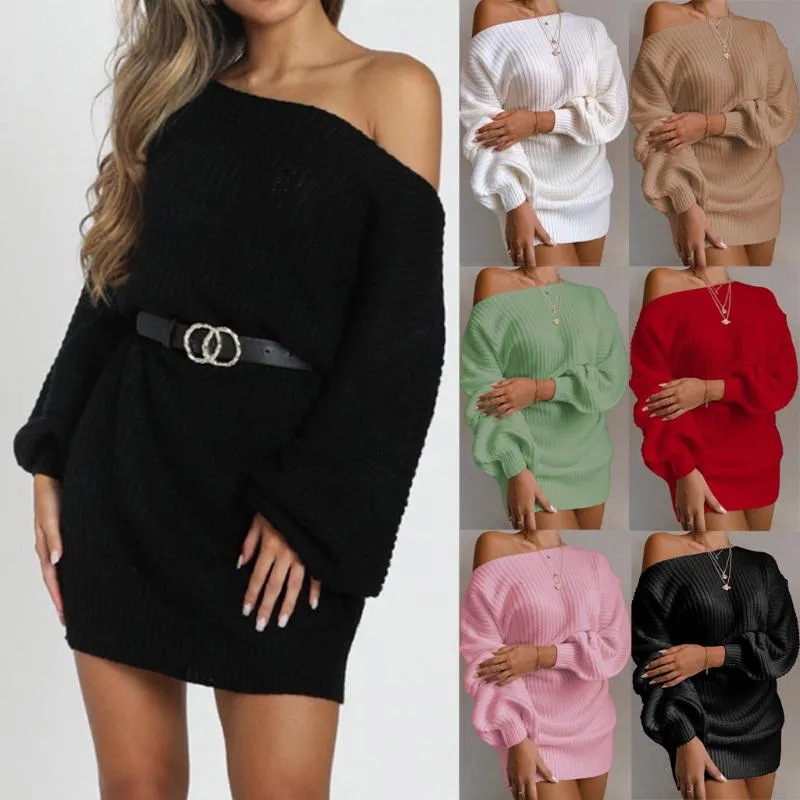Casual Dresses Fashion Femme Robe For Women Sexy Solid Lantern Sleeve Off Shoulder Long Sleeves Sweater Dress Jurken Winter 2023