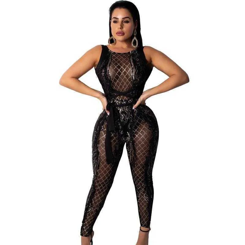 Factory Dames herfstkleding Sexy doorzichtige jumpsuit met lovertjes zonder rug