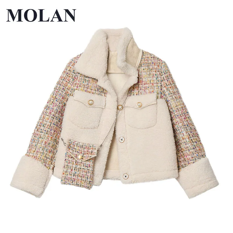 Damesjassen MOLAN Elegante Vrouw Lam Kasjmier Mode Patchwork Lange mouwen Nepbont Winter Waem Dikke Vrouwelijke Chic Uitloper 230225