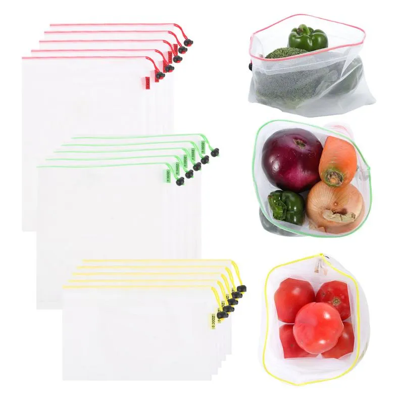 Storage Bags 15pcs Reusable Mesh Produce Fruit Vegetable Bag Transparent Polyester Drawstring Eco Friendly Grocery BagStorage