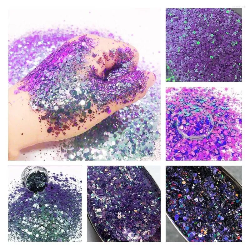 Nagelglitter 100 g/500 g paars veranderende kleur zeshoekige mix grootte charmes poeder poeder voor ambachten hars nagels gezicht lichaam