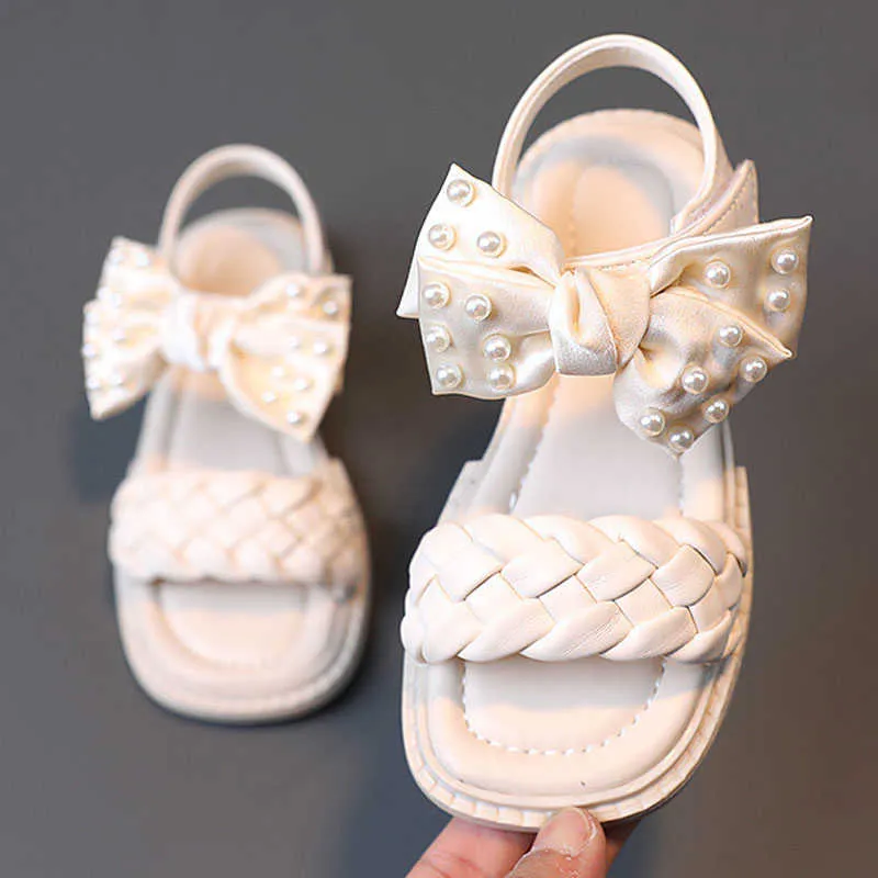 Sandals Girls Sandals Summer Fashion Pearl Kids Beach Shoes Girl Princess Bowknot Children Flats Baby Shoes Chaussure Enfant Fille Z0225