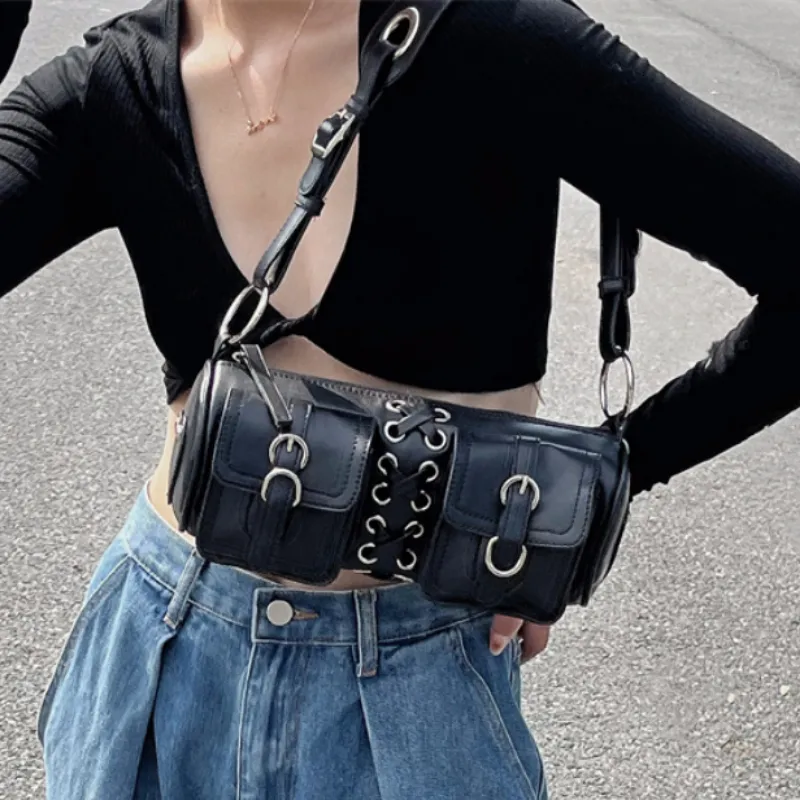 Evening Bags Vintage Black Women Cylinder Underarm Bags Double Pocket Design Ladies Shoulder Bag Fashion Female PU Leather Purse Handbags 230225