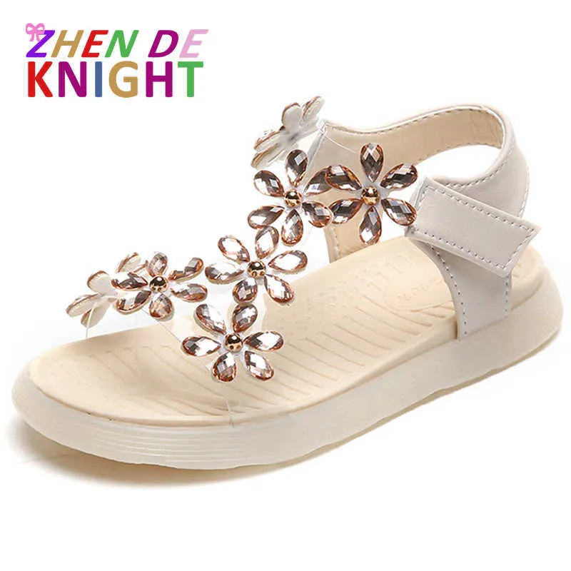 Sandaler Rhinestone Flower Princess Sandaler 2022 Summer New Children's Shoes Girl Softsoled Nonslip Beach Sandaler Sweet For Party Flats Z0225