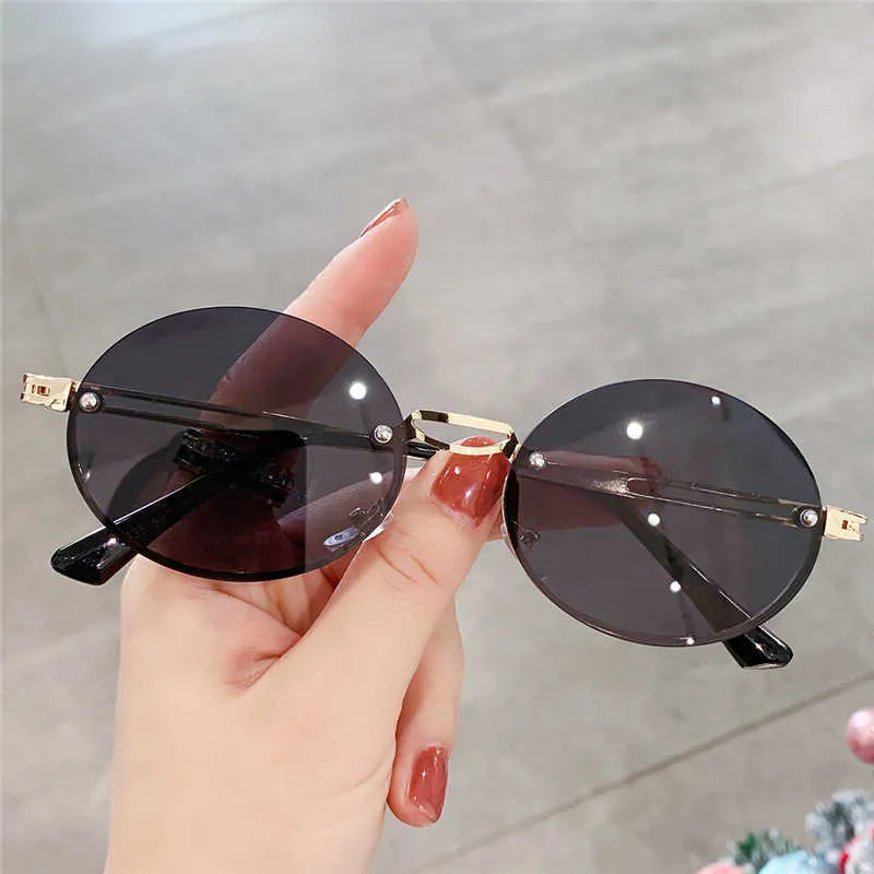 Sunglasses New Small Oval Rimless Sunglasses Vintage Trendy Fashion Male Female Eyewear Popular Brand Designer Personalized UV400 Shades G230225