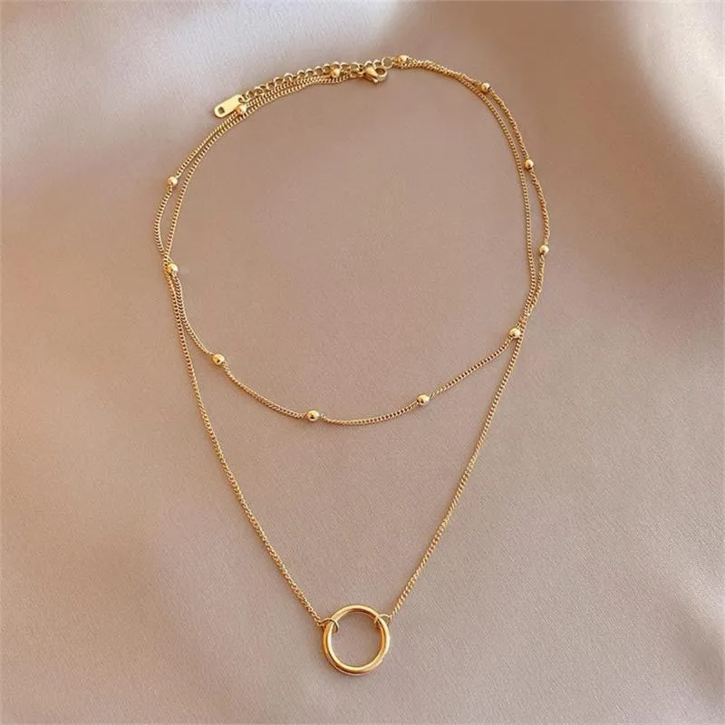 Hänghalsband mode 2023 Titanium Steel Necklace for Women Gold Color Double Layer clavicle choker penadnts smycken kvinnlig