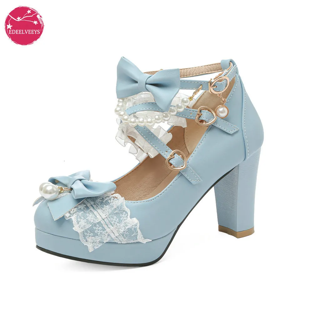 Scarpe eleganti Lolita Japanese Pearl Bow Jk Sweet Cute Strap Scarpe con tacco alto e testa tonda per studenti Kawaii Girl Tea Party Cos Loli Vintage 230225