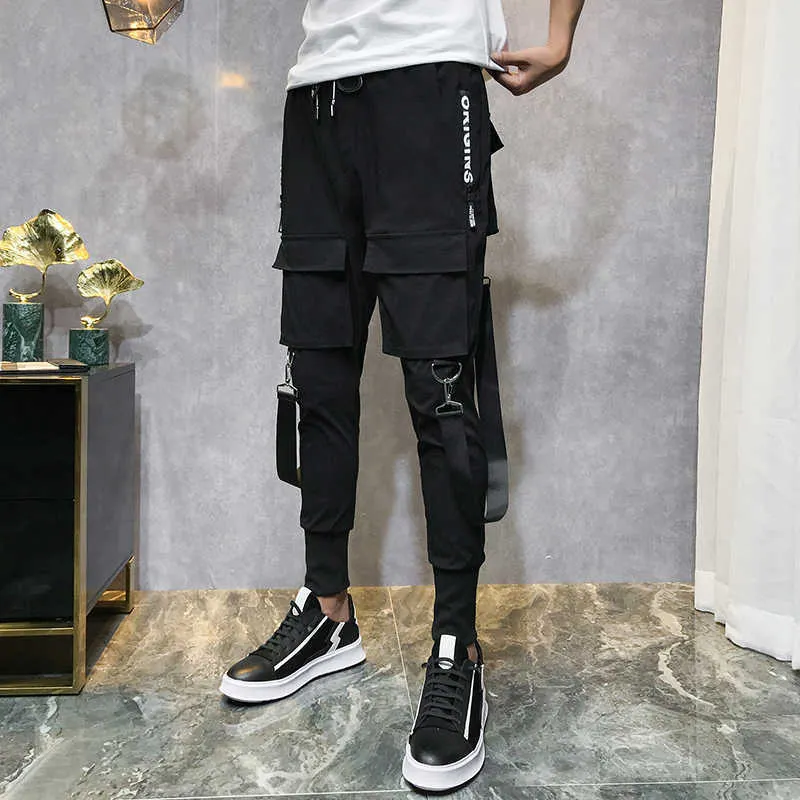 Pantaloni da uomo 2023 Pantaloni da uomo streetwear Pantaloni harem neri Pantaloni da uomo leggeri Pantaloni punk Nastri Pantaloni da jogger slim casual Pantaloni da uomo Hip Hop LBZ138 Z0225