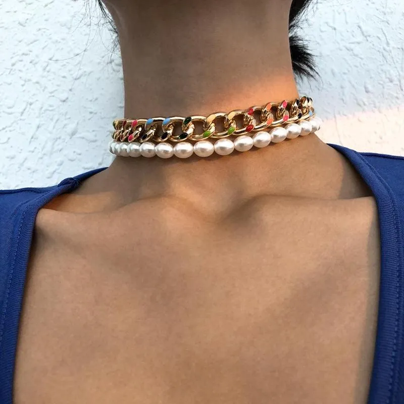 Choker 2 datorer/set vintage pärla för kvinnor män mode färgglada djärva kedja imitation clavicle halsband gåva