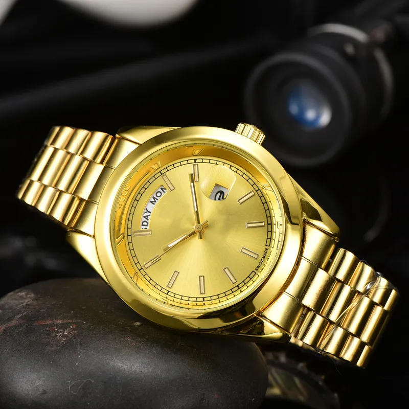 عرض تقويم مزدوج شاهد Quartz Watch orologio Relogio Maschulino Men يشاهدون الأزياء الذهبية مع التقويم Bracklet القابل للطي Clasp Master Gift Watches Mens