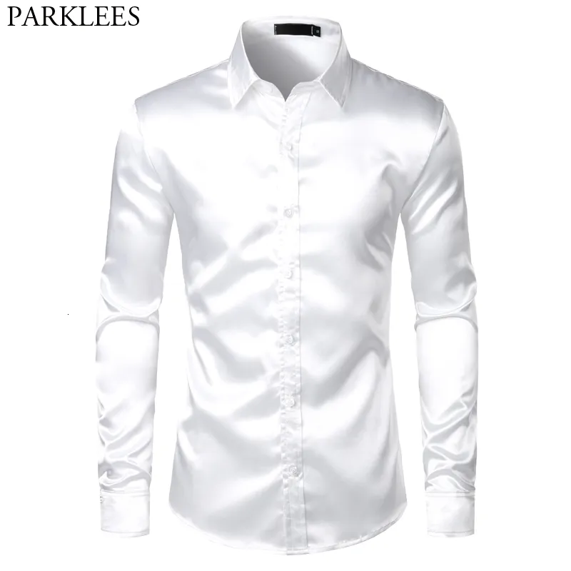 Chemises décontractées pour hommes Chemise de smoking en satin de soie blanche Hommes Marque à manches longues Ajustée Chemises habillées pour hommes Fête de mariage Danse Mâle Chemise décontractée Chemise 230225