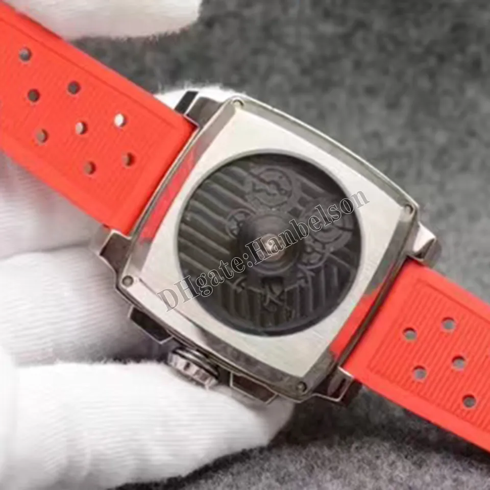Мужские часы с квадратным хронографом, оранжевый циферблат, 44 мм, стальной механизм, двухцветный черный ремешок, кварцевые наручные часы274i