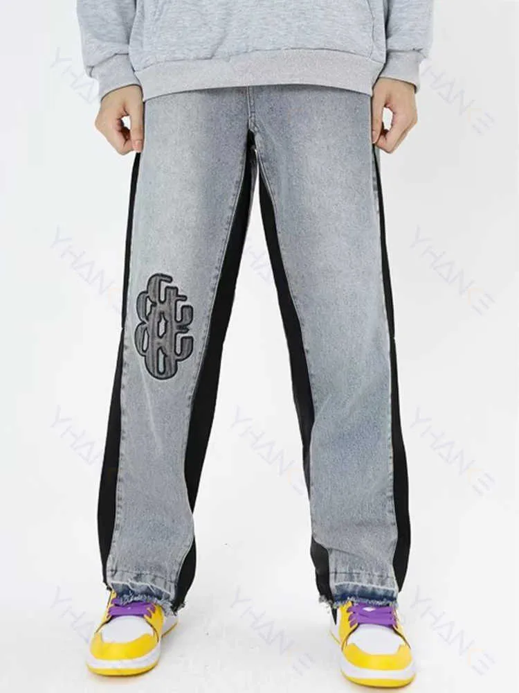 Mäns jeans baggy jeans broderi mönster street män motorcykel pant pantalon homme trendiga jean punk denim långa byxor hip hop jean män z0225