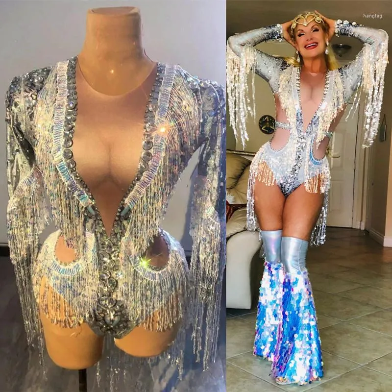 Stage Wear Bar Nightclub Tassel Dance Costume Silver Sequins Fringe Sleeve Bodysuit Sexy Elastic Leotard Party Show Clothes