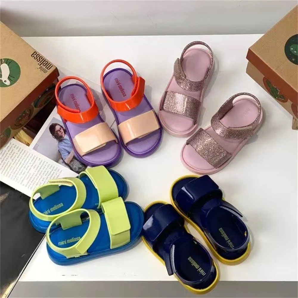 Sandaler Nya mini Melissa Jelly Shoes 2022 Kids Girl Summer Sandals Children's Fashion Beach Sandal Toddler Candy Shoes Nonslip HMI016 Z0225