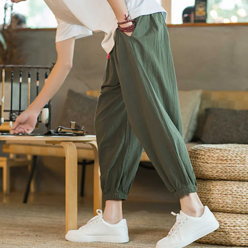 Calça masculina japonesa de tamanho grande de algodão linho de harém solto calças de corrida de rua masculinas nono calças esportivas masculinas e calças de tornozelo Z0225
