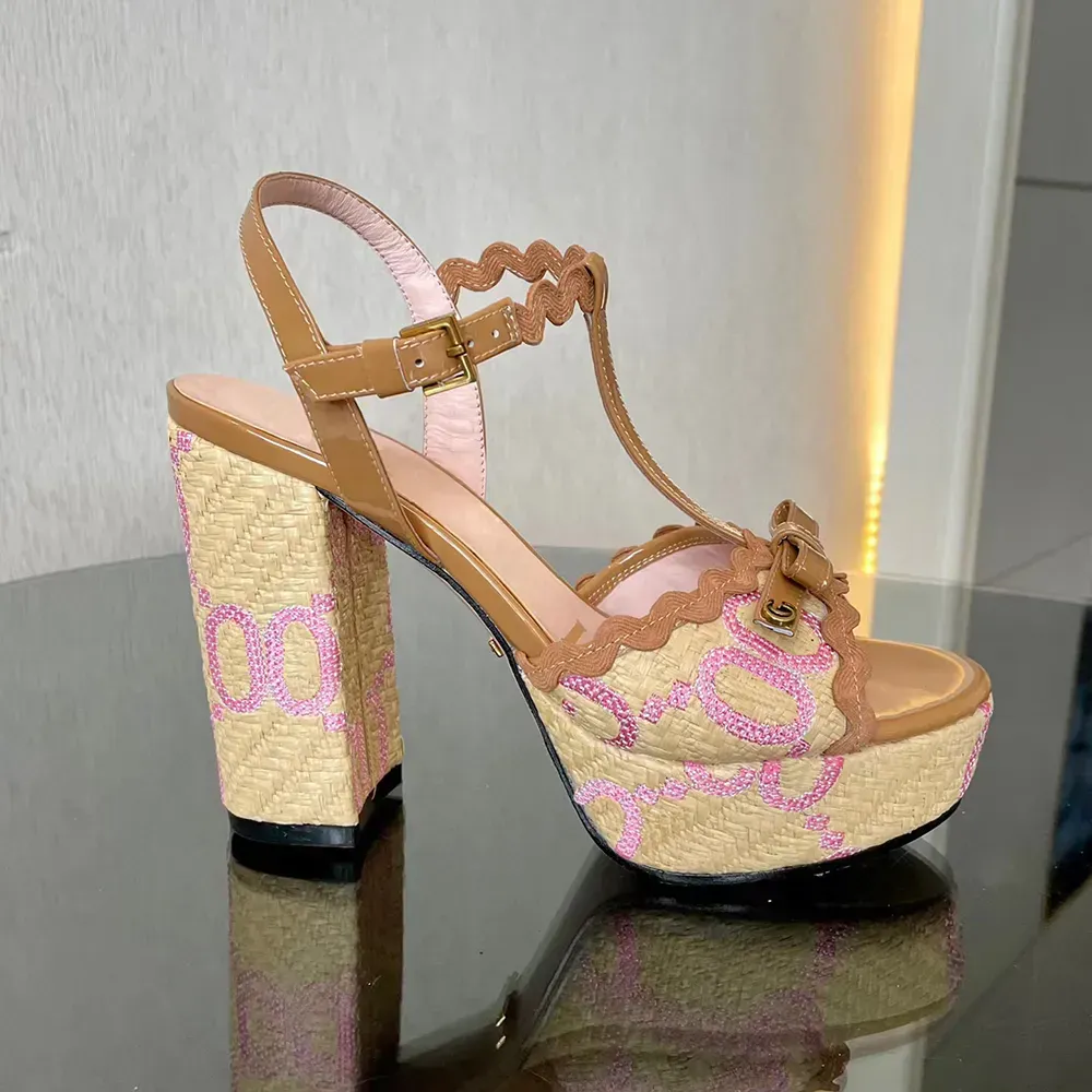 2023 Lafite weaving sandals Embroidery Embellished Ankle strap platform Pumps chunky high Heels sandal12CM high Heeled women sandal Luxury Designers