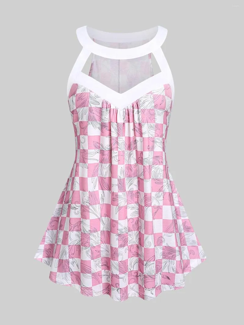 Women's Tanks ROSEGAL Women's Plus Size Plaid Cutout Halter Top Summer Sleeveless Camisole Long Handkerchief Vests Tops M-5XL