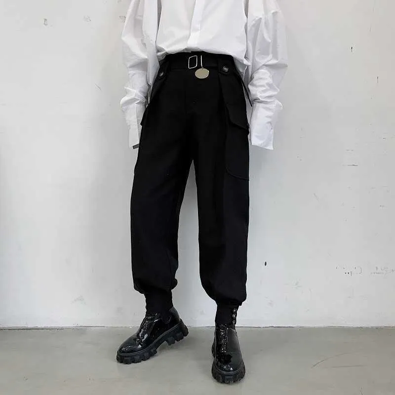 Men's Pants Fashion Men Joggers Pant High Waist Wide Leg Belt Tapered Trousers Metal Disc Black Loose Hip Hop Streetwear Oversize Pants Man Z0225