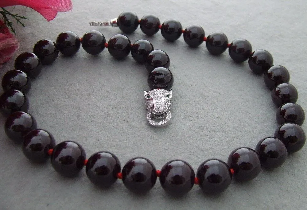 Chains Natural 12mm Round Black Agate Jade Necklace -Zircon Leopard Head Clasp 18"Chains