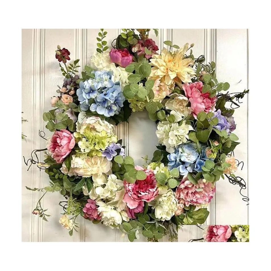 car dvr Decorative Flowers Wreaths Front Door Decor Wreath Rainbow Hydrangea For Window Home Decoration Artificial Rose Flower 16Inch Drop Dhyji