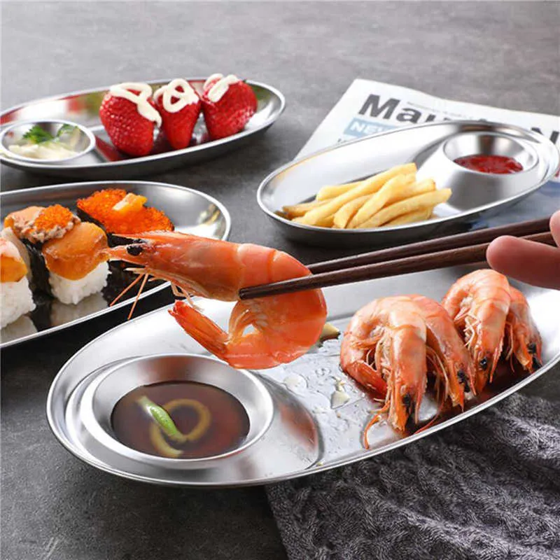 Decorative Plates Stainless Steel Compartment Snack Plate Oval Sushi Shrimp Dumpling Sauce Dish Barbecue Snack Seasoning Dish Kitchen Accessories Z0227