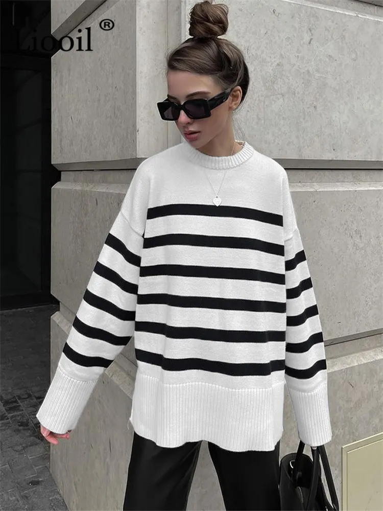 Pulls pour femmes Femmes Stripe Knit Pull Pull à manches longues tricoté Tops O Cou Femme Jumper Automne Hiver Streetwear Blanc Baggy Sweaters 230227