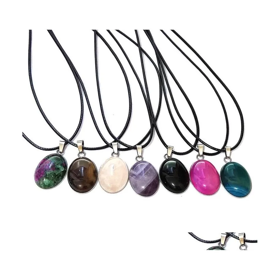 car dvr Pendant Necklaces Oval Reiki Stones Turquoise Pink Quartz Charms Leather Necklace For Women Men Gift Accessories Drop Delivery Jewel Dhxfr