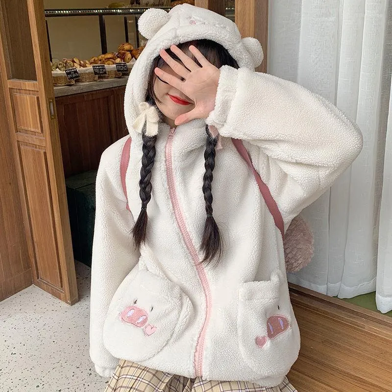 Kvinnors jackor fleece zip up hoodie kvinnor japansk söt tjej vinter ull förtjockad studentjacka mode lösa höstkläder för rockar
