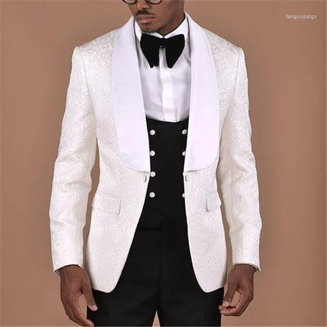 Costumes pour hommes personnalisé blanc ivoire Jacquard hommes Blazer noir gilet et pantalon Slim Fit Mariage pour marié Tuxedos Costume Homme Mariage