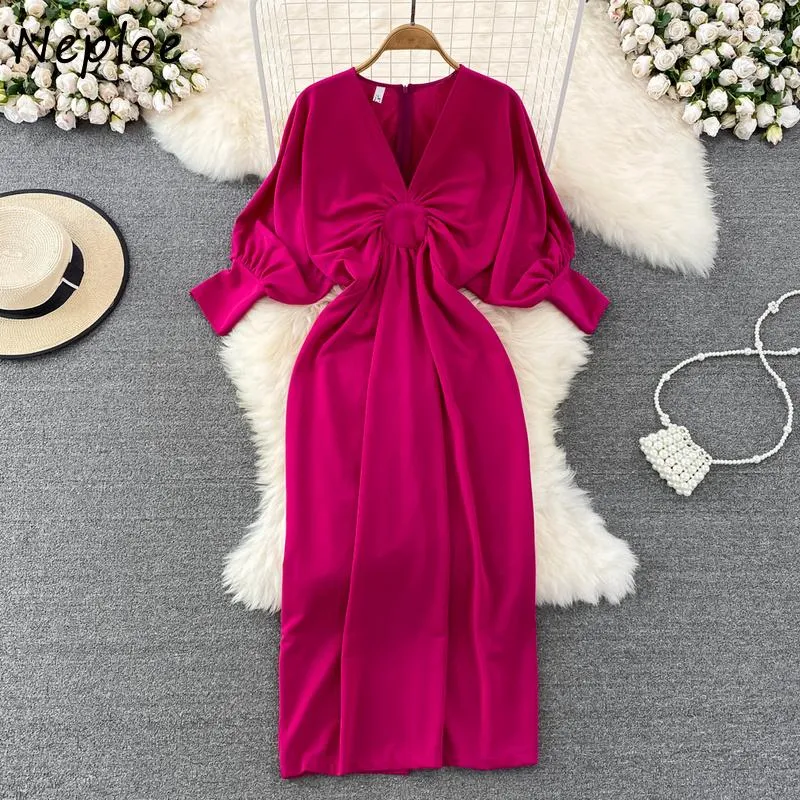 Casual Dresses Neploe V Neck Lantern långärmad kväll veckad hög midja Slim Robe Femme 2023 Autumn Vestidos de Mujer Elegant Y2K