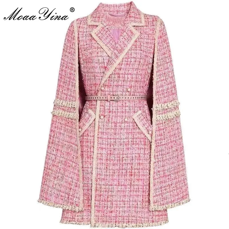 Chaquetas de mujer MoaaYina Diseñador de moda Otoño Invierno Ropa de abrigo de tweed rosa Cuello vuelto Fajas Capa Abrigo Abrigo 230225