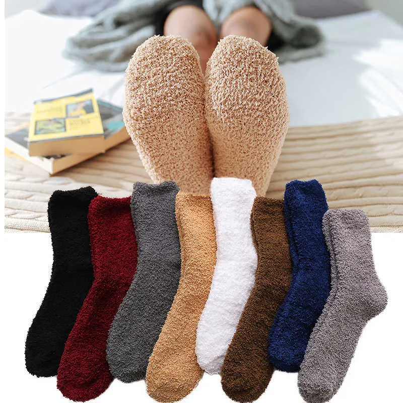 Heren sokken mannen winter warme pluizige sokken massief kleur zacht koraal fleece elastische fluweel sokken binnen de vloer handdoek sokken ademen pluche sokken z0227