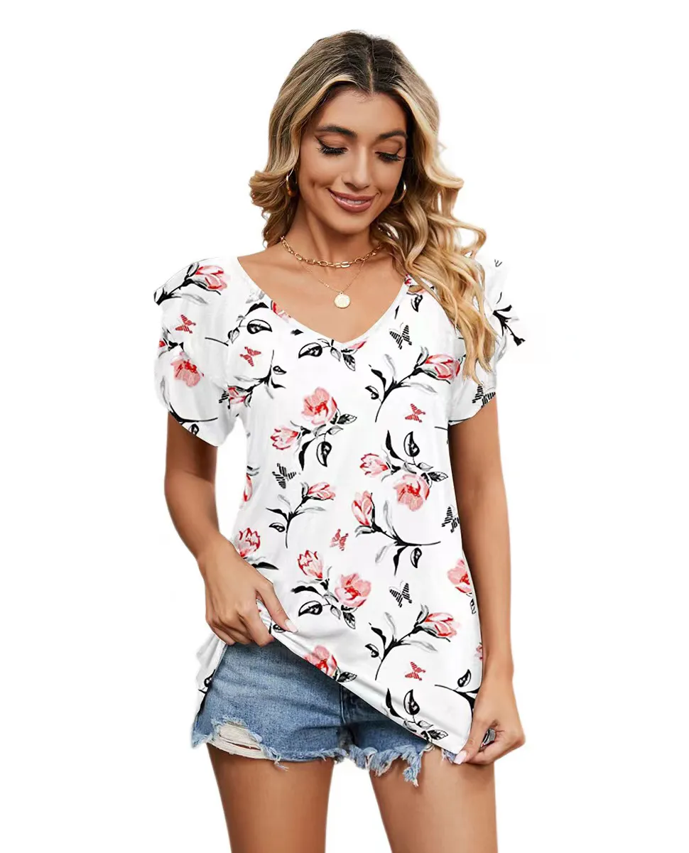 Fashion Women Casual Shirts Print V Neck Ruffled Short Sleeve Loose Blouses