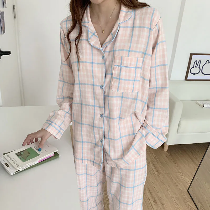 Vêtements de nuit pour femmes Style coréen Femmes Plaid Print Pyjamas Set Full Sleeve TopsLong Pants 2 Pièces Costume Casual Loose Sleepwear Lounge Wear 230227