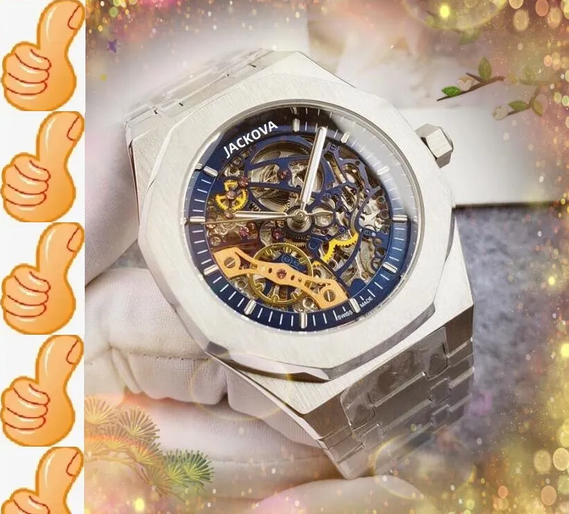 Hollow Skeleton Dail Mechanical Automatic Movement Watches Luxury Fashion Mens full rostfritt stål Bandklocka Rose Gold Silver Black Blue Leisure Wrist Watch