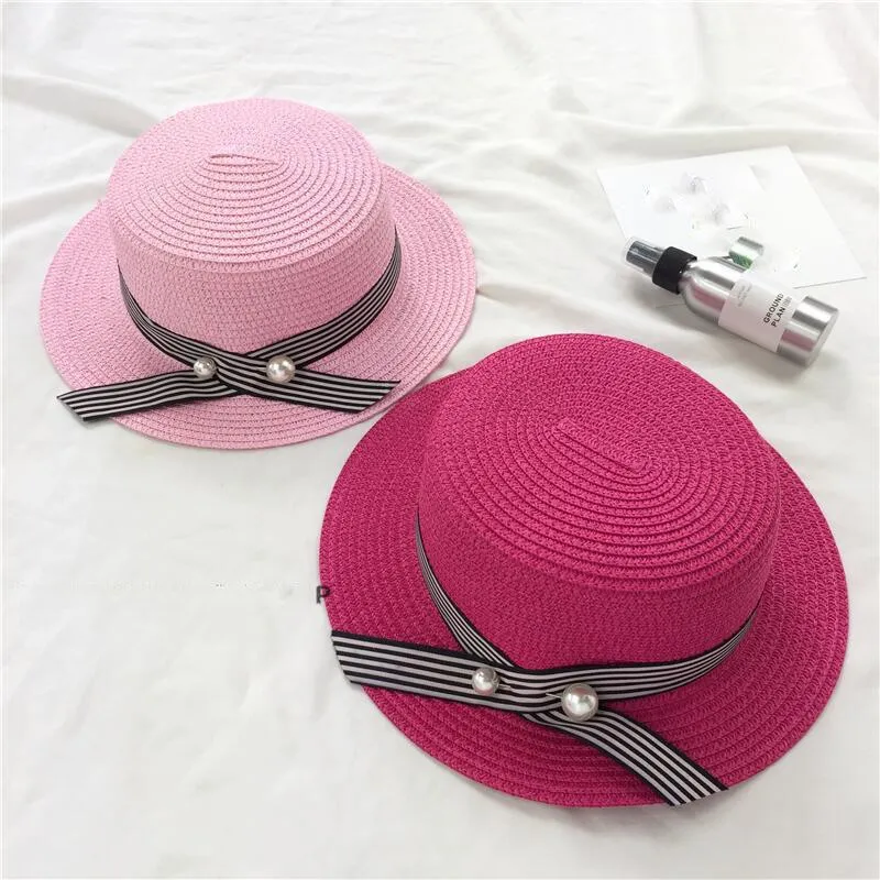 Chapeaux à large bord mode femmes chapeau canotier plat plage été paille Femme dame perle ruban chapeau de soleil Sombrero Femme Chapeu Feminino