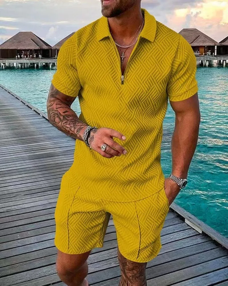 Herrpolos mäns polo kostym mode män set mesh tryckt streetwear v-hals kort ärm polo skjorta shorts två stycken män casual kostym 230227