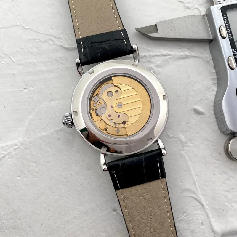 패션 럭셔리 남성 시계 기계 자동 운동 달 상 디자이너 손목 시계 최고의 브랜드 진짜 가죽 스트랩 시계 아버지의 날 생일 선물