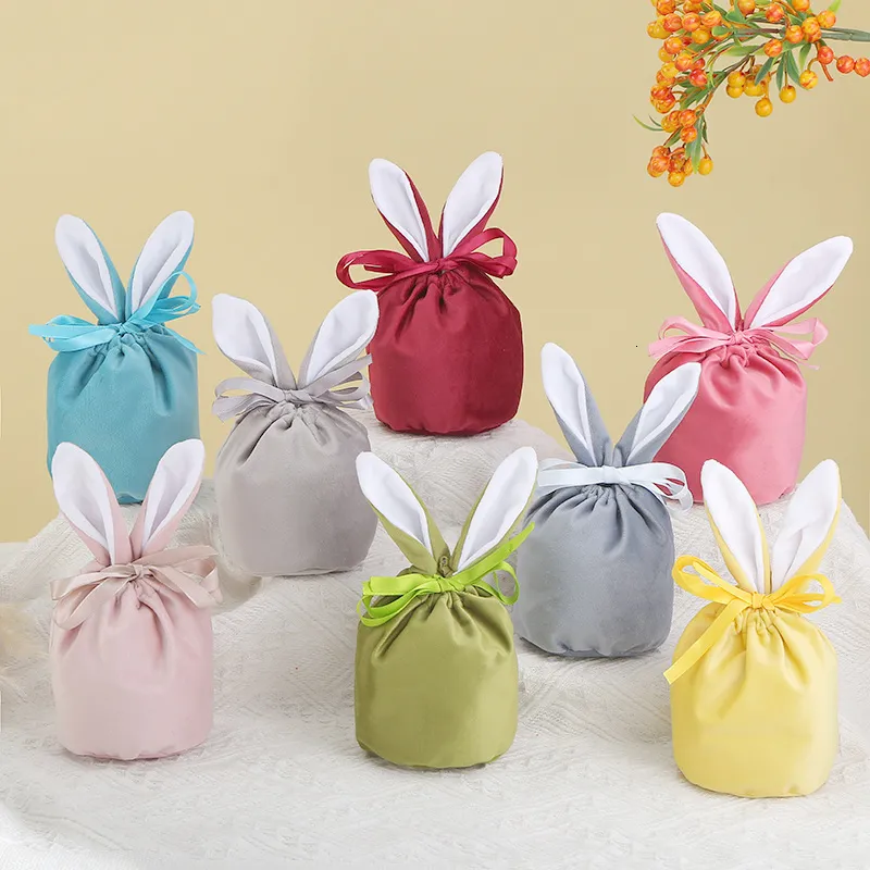 Gift Wrap 10/20Pcs Easter Bunny Velvet Bags Rabbit Ears Candy Drawstring Bag Cute Packaging for Party Decor Supplies 230227