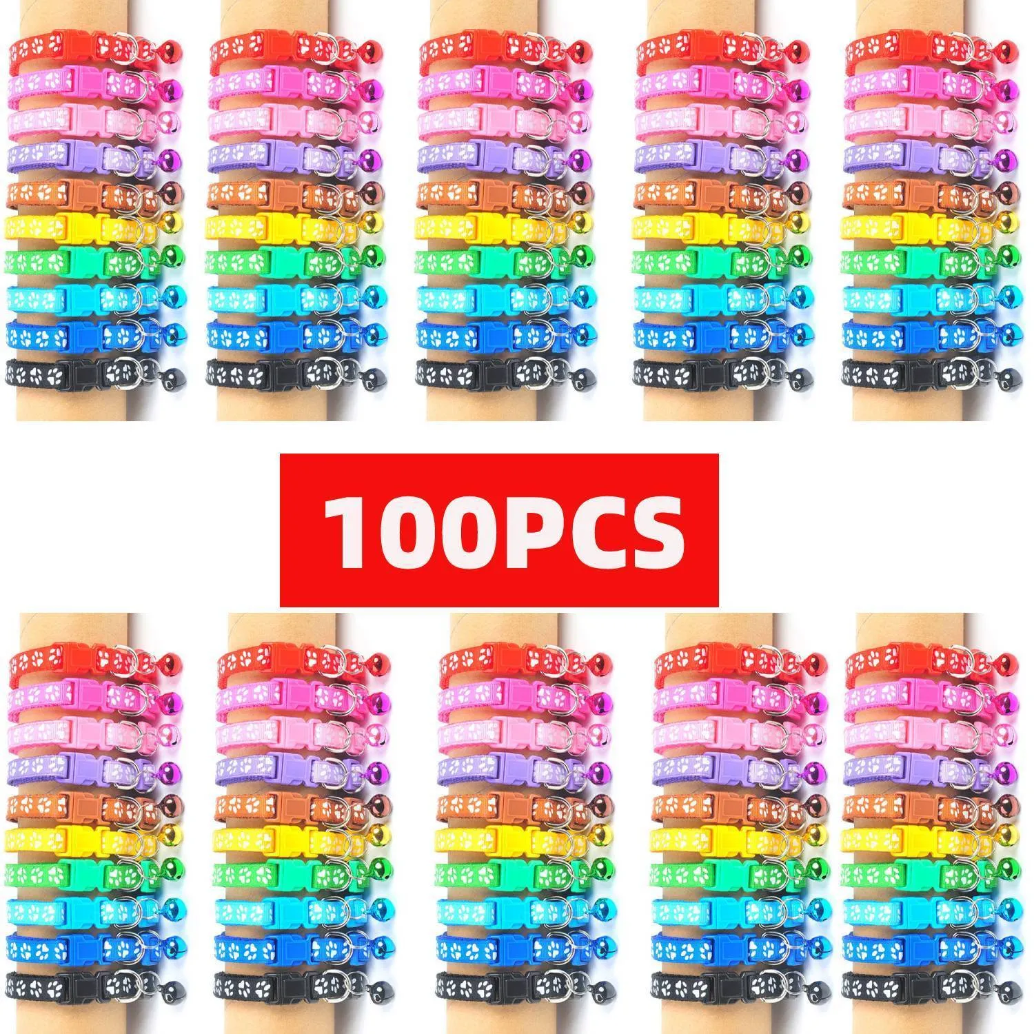 يتقود Cat Collars 100pcs بصمة بالجملة PET S مع الجرس مع تعديل جرو القلادة القلاسة قطرة 230227