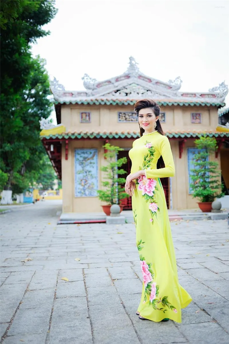Ubranie etniczne ręcznie malowane pionia tradycyjna sukienka Qipao dwuczęściowa Cheongsam Aodai Wietnam 2PCS