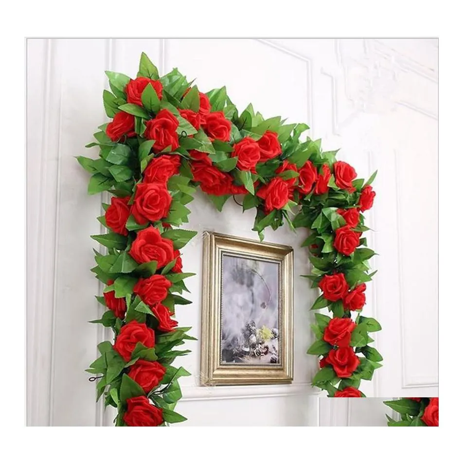 voiture dvr Décoratif Fleurs Couronnes 250 Cm Lot Soie Roses Lierre Vigne Avec Des Feuilles Vertes Pour La Maison De Mariage Décoration Faux Feuille Diy Suspendus Gar28 Dhy7V