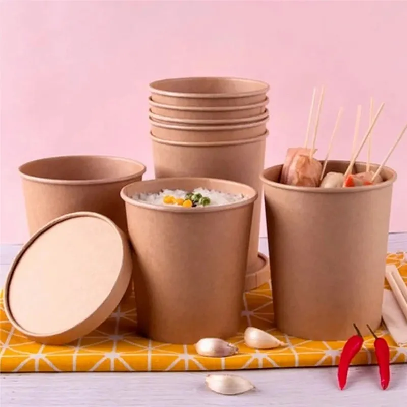 Soup Cups Paper Containers Kraft Food Disposable Go To Bowls Ice Cream Cup Lids Compostable Recyclable