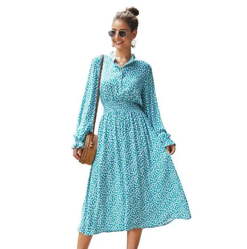 Robes décontractées Vintage Dot Femmes Parti Fleur Imprimé À Manches Longues Fendues Col En V Profond Sexy En Mousseline De Soie Ceintures Robe Élégante Feminina CL271