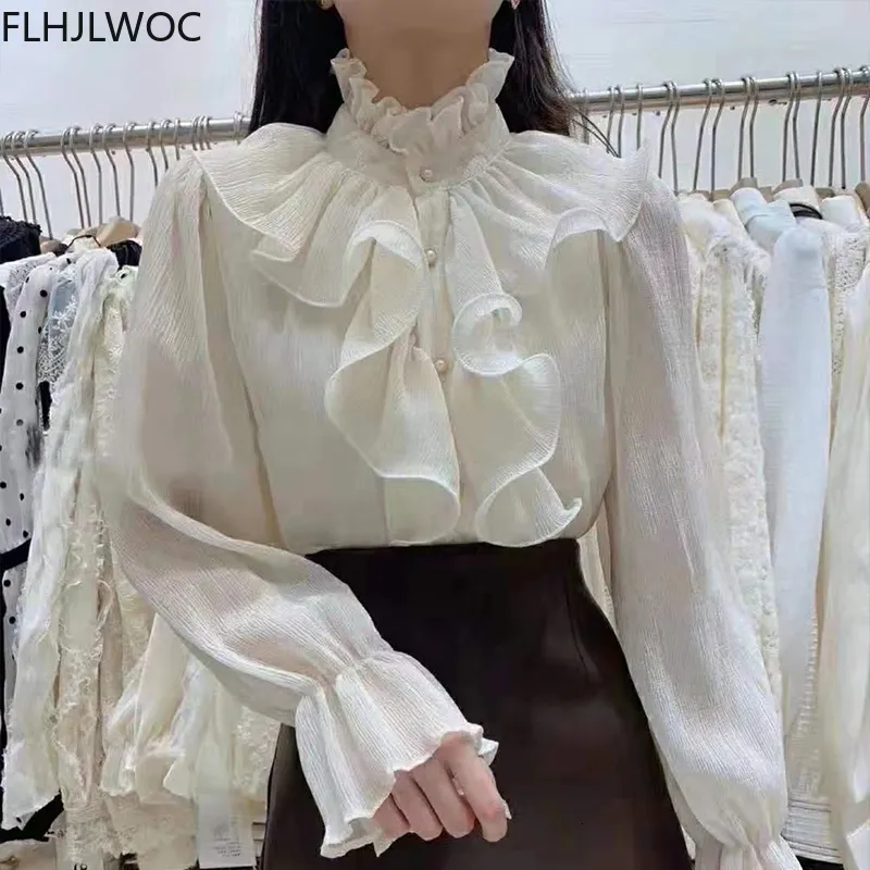 Kvinnor BLOUSES SHIRTS Spring Autumn Basic Women Fashion Long Sleeve Elegant Office Lady Work Solid White Ruffled Chic Tops Blusa 230227